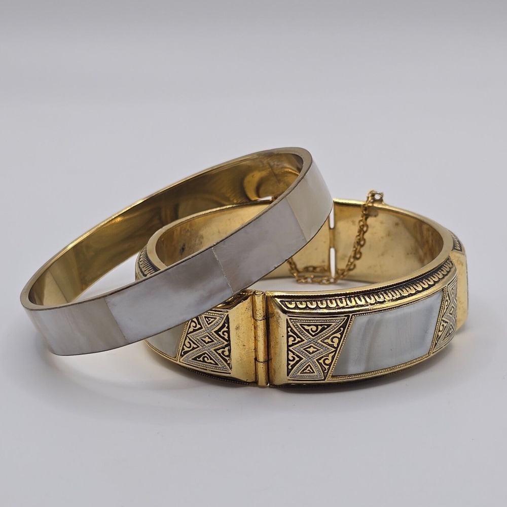Vintage Bangle‎ Bracelet Set Womens Gold Tone Mother of Pearl Inlay Boho